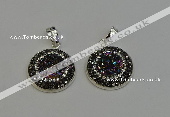 NGP6274 22mm flat round plated druzy agate pendants wholesale